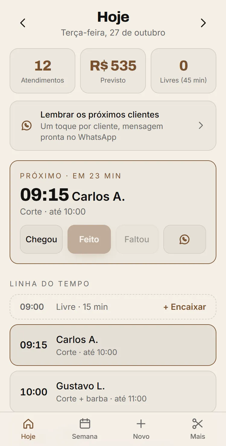 Painel do dono com o dia de atendimentos
