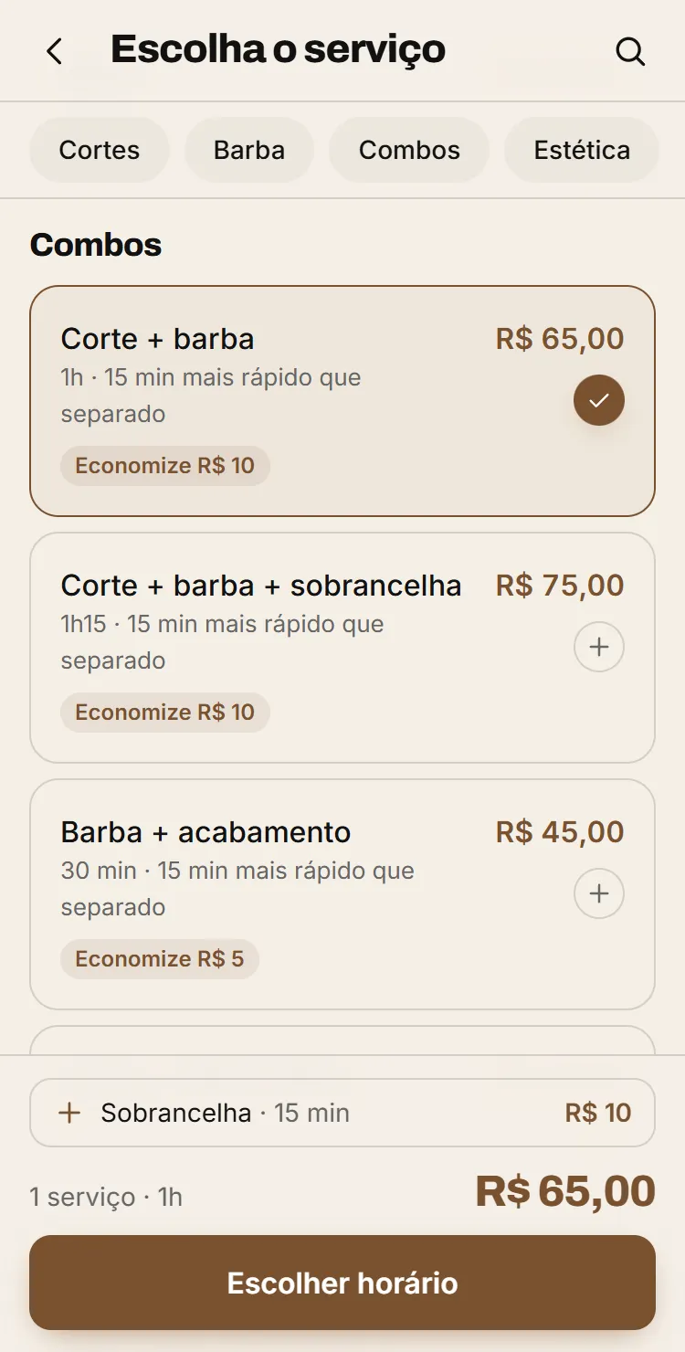 Tela de escolha de serviços